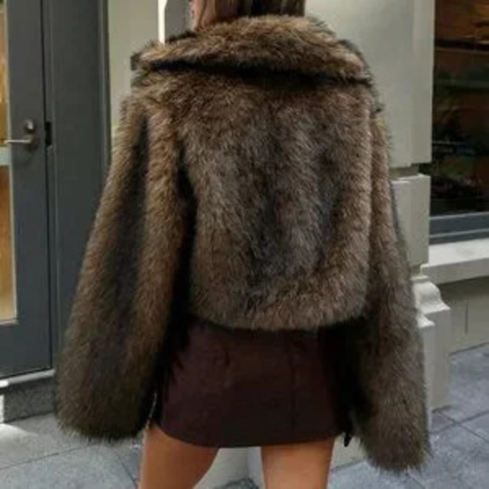 Brown Casual Women's Style Open Front Faux Fur Collar Coat, Outerwear - Picture 2 of 5